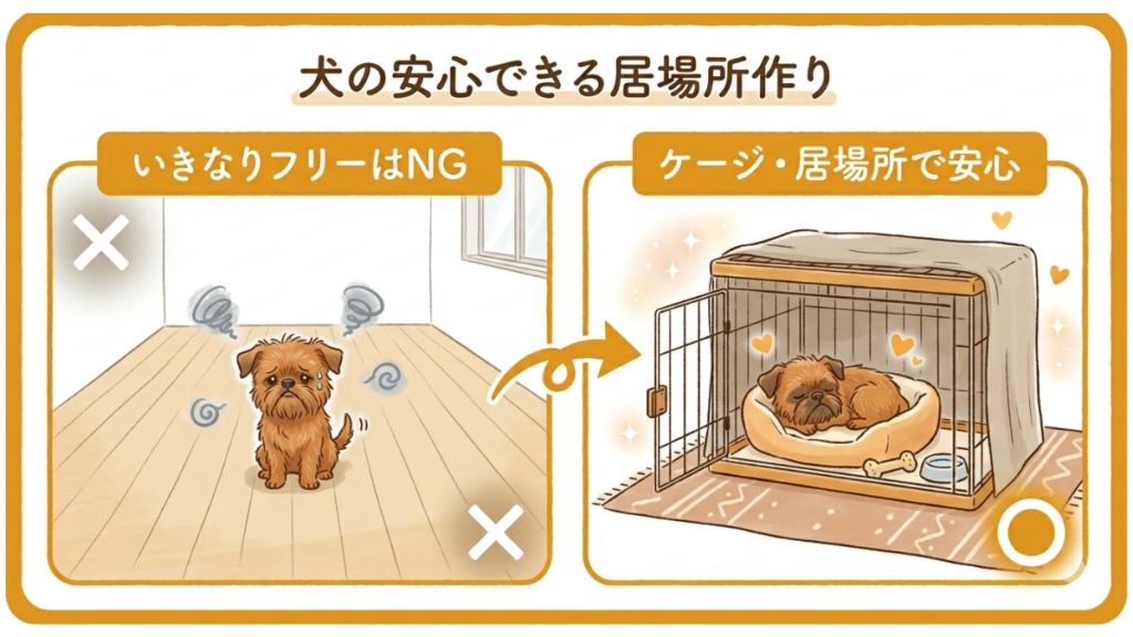 繁殖引退犬を迎え、良かれと思って「室内フリー」にしていませんか？実はそれが愛犬の不安を煽ることも。本記事では、手続きや健康診断の優先順位に加え、愛犬が心から安心できる居場所作りのコツを解説します。実体験から学んだ「失敗しない迎え方」をお届けします。