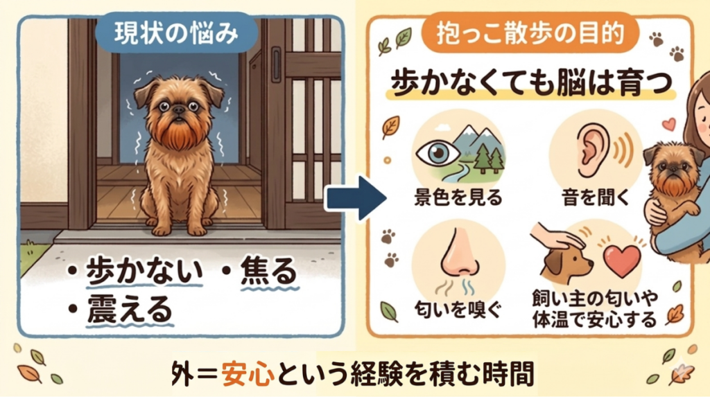 玄関で震えて歩かない愛犬を見て、焦っていませんか?無理に歩かせなくても「抱っこ散歩」で景色を見たり匂いを嗅いだりするだけで、愛犬の脳はしっかり育ちます。我が家の愛犬の経験をもとに、焦る気持ちをリセットして楽しく外に慣れるコツを解説します。