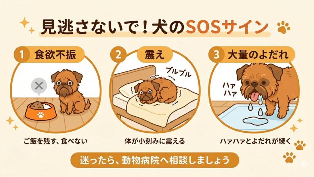 愛犬の食欲がなかったり、小刻みに震えていたりして「何かおかしい」と不安になっていませんか？見逃してはいけない体調不良のサインと、受診すべき判断基準をわかりやすく解説。愛犬のSOSにいち早く気づき、大切な命を守るための対処法をまとめました。