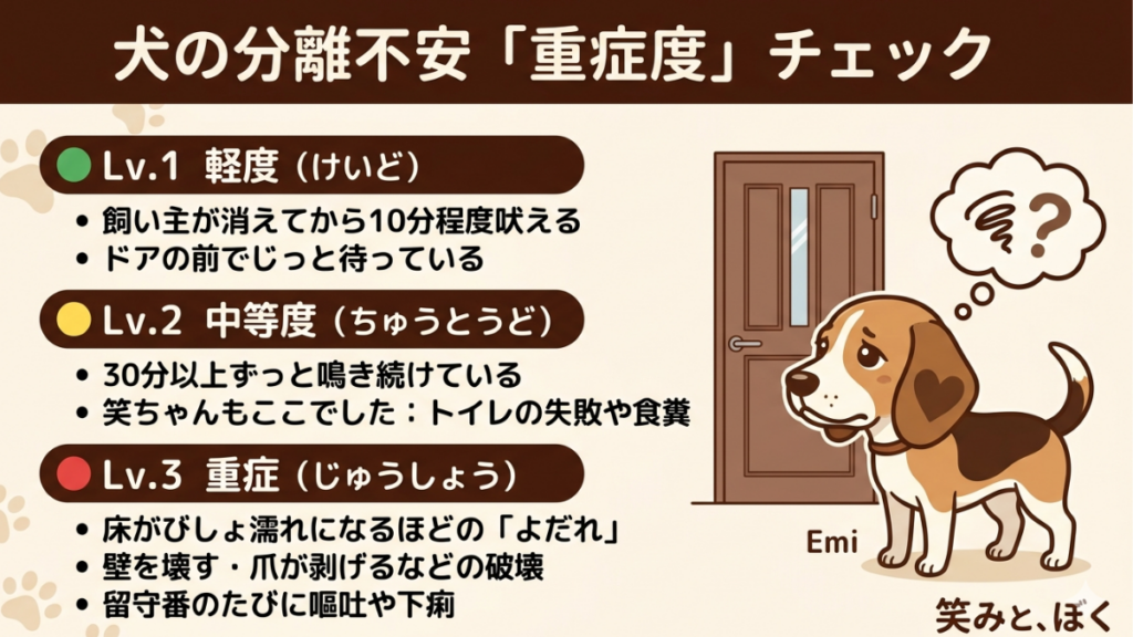 留守番中に吠え続けたり、トイレを失敗したり…その行動、実は分離不安のサインかもしれません。愛犬の様子が「単なる甘え」か「心の病」かを見極めるための、3段階の重症度チェックリストを公開。よだれや破壊行動など、見逃してはいけないSOSのレベルと対処法がわかります。