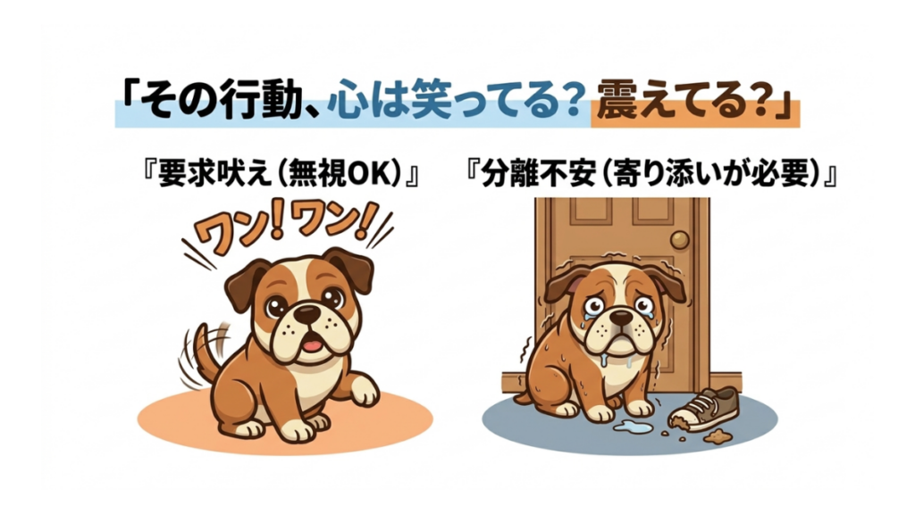愛犬のその行動、心は笑っていますか？震えていますか？「無視」というしつけは、信頼関係が満タンな時にしか通用しない高度な技です。この記事では、要求と不安を見極めるサインを徹底解説。愛犬のSOSを見逃さず、安心を積み重ねる「心の貯金」の作り方がわかります。
