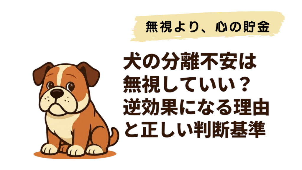愛犬の分離不安、治そうとして必死に「無視」していませんか？実はその対応、逆効果になっているかもしれません。私もかつては無視が良いと信じていましたが、愛犬には逆効果でした。この記事では、無視がダメな理由と、愛犬と飼い主の「心の貯金」を増やす正しい判断基準と育て方をお伝えします。
