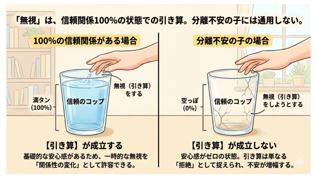 愛犬の分離不安、良かれと思って「無視」を続けていませんか？実は無視は、信頼関係というコップが満タンの時にしか通用しない「引き算」のしつけです。この記事では、無視が逆効果になる理由を分かりやすく解説。愛犬の不安を悪化させないための見極め基準と、安心を届ける心の貯め方が分かります。