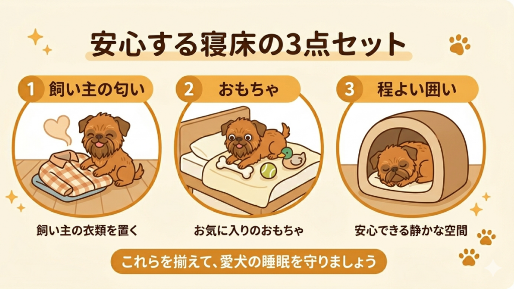 愛犬が夜中に何度も起きたり、寝床で落ち着かなそうにしていたりしませんか？睡眠環境を少し整えるだけで、愛犬の安心感はぐっと高まります。実体験から導き出した「寝床の3点セット」を取り入れて、愛犬に深く穏やかな眠りをプレゼントしましょう。