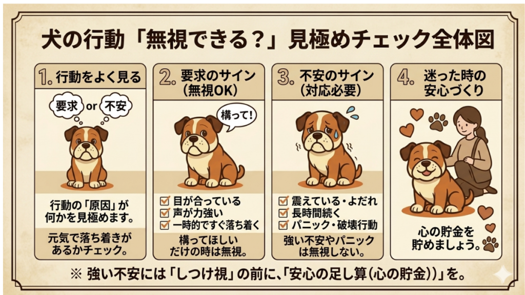 愛犬の行動、すべて無視していませんか？実は「構って！」という要求と「怖い…」という不安では、対応が180度違います。この記事では、愛犬の目や体の動きから行動の理由を見極める4つのステップを解説。無視が逆効果になる危険なサインと、正しい安心の与え方がわかります。