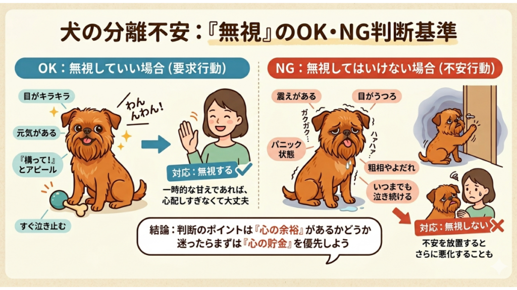愛犬の分離不安、治そうとして必死に「無視」していませんか？実はその対応、愛犬の「不安SOS」を見逃しているかもしれません。この記事では、愛犬の震えや目のキラキラなど具体的な行動から、無視のOK・NGを判断する基準を解説。愛犬との絆を深める「心の貯金」の作り方も紹介します。