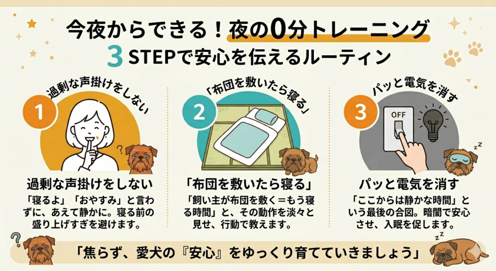 夜、愛犬がなかなか寝付かなかったり、落ち着きがなかったりして困っていませんか？特別な訓練は不要です。今夜からすぐ実践できる「3STEPの入眠ルーティン」で、愛犬に安心を伝えましょう。焦らずゆっくり、愛犬が自然に眠りにつける環境の整え方を解説します。