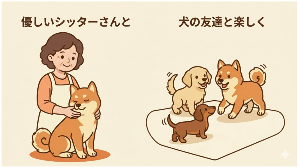 愛犬を預ける際、寂しがらないか、シッターさんと上手くやれるか心配ですよね。私も最初は同じ悩みがありましたが、愛犬がシッターさんや犬の友達と楽しそうに過ごす姿（画像参照）を見て、安心できる預け先の選び方と、預けるメリットが明確になりました。