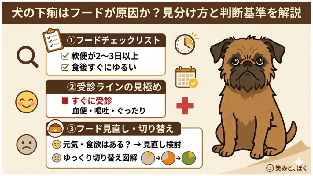 愛犬の下痢が続くと「病院へ行くべき？」と悩みますよね。繁殖引退犬の愛犬と向き合ってきた経験から、フードが原因かを見極めるチェックリストを作成しました。すぐに受診が必要なサインと、家で見守りながらフードを見直す基準をわかりやすく解説します。