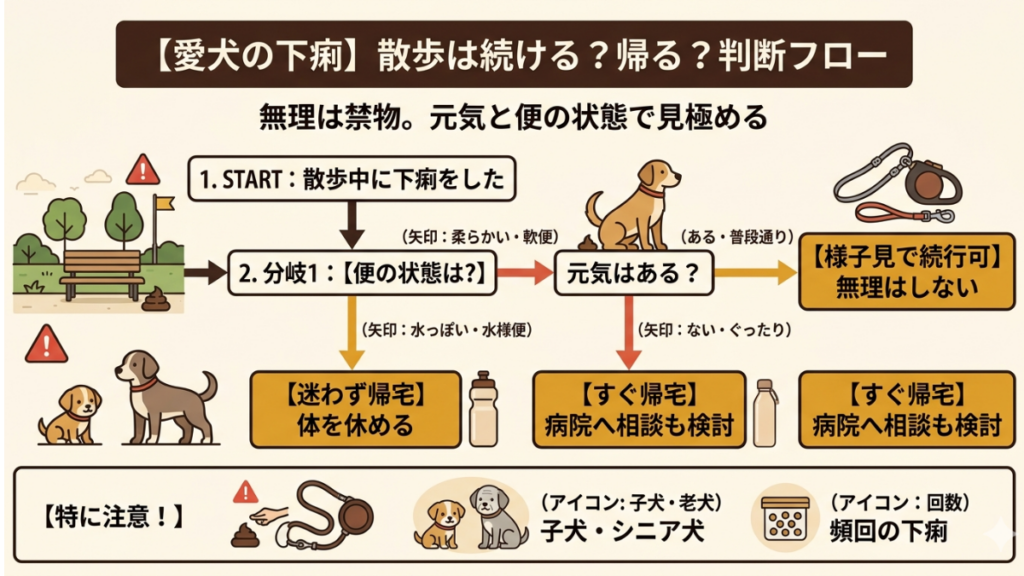 散歩中に愛犬が下痢をした時、「すぐに帰るべき？」と迷いませんか？そんな時の判断基準は、便の状態と愛犬の元気。迷わず帰宅すべきケースや、様子見で続行できる目安をフローチャートで解説します。愛犬の体調を守るための的確な判断力が身につきます。