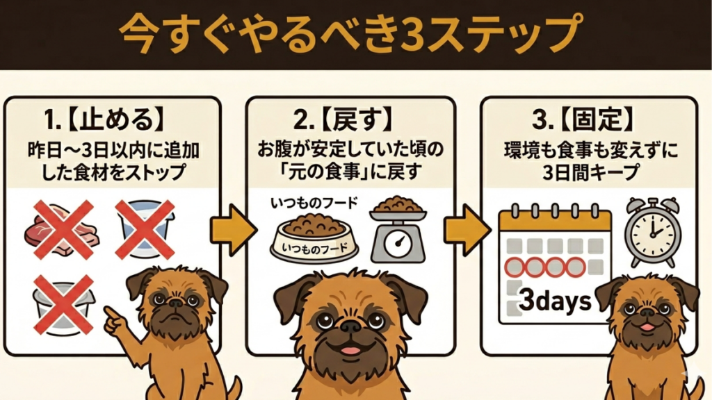せっかく治った愛犬の下痢が再発して驚いていませんか？良かれと思った生肉が逆効果だった我が家の失敗体験をもとに、今すぐ実践できる「止める・戻す・固定する」の3ステップを解説。繰り返すお腹のトラブルを防ぎ、愛犬の健康を取り戻す具体的な方法がわかります。