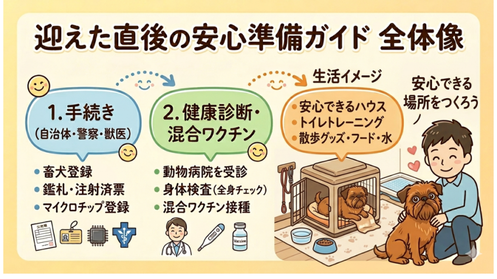 繁殖引退犬を迎えた直後、何から手を付けるべきか迷っていませんか？役所への登録や健康診断、安心できる居場所づくりまで、やるべき準備の全体像を分かりやすくまとめました。愛犬と向き合う中で気づいた「本当に大切なポイント」を、実体験をもとに解説します。