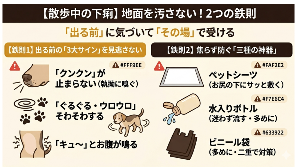 散歩中の急な下痢、地面を汚して焦った経験はありませんか？大切なのは「出る前」に気づいて「その場」で受けること。愛犬が見せる3つのサインと、ペットシーツなど「三種の神器」を使った失敗しない対処法を伝授します。これでもう、もしもの時も慌てません。