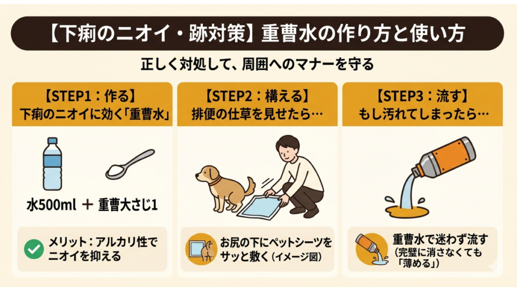 散歩中の下痢で、地面のニオイや跡が残ってしまい申し訳ない気持ちになったことはありませんか？そんなピンチを救う「重曹水」の作り方と、汚れを広げない3ステップの掃除術を伝授。愛犬との実体験に基づいた、周囲へのマナーを守るスマートな対処法がわかります。