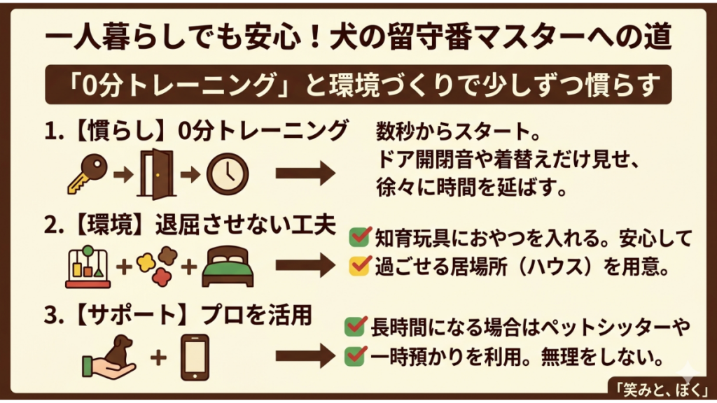 一人暮らしで愛犬に長いお留守番をさせるのは、心が痛みますよね。「寂しがっていないか」という不安を解消する鍵は、日常の中にある「0分トレーニング」です。愛犬が安心して待てる環境づくりのコツと、プロの力も借りる無理のない向き合い方を解説します。