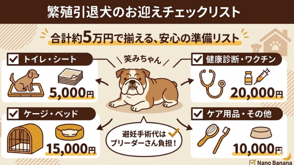 繁殖引退犬を迎える際「全部でいくらかかるの?」と不安になっていませんか?医療費や用品代など、最初に必要な費用の目安を分かりやすくチェックリストにしました。愛犬と安心して新生活をスタートさせるために、実体験に基づいた予算の立て方と、後悔しない準備のコツを詳しくお伝えします。
