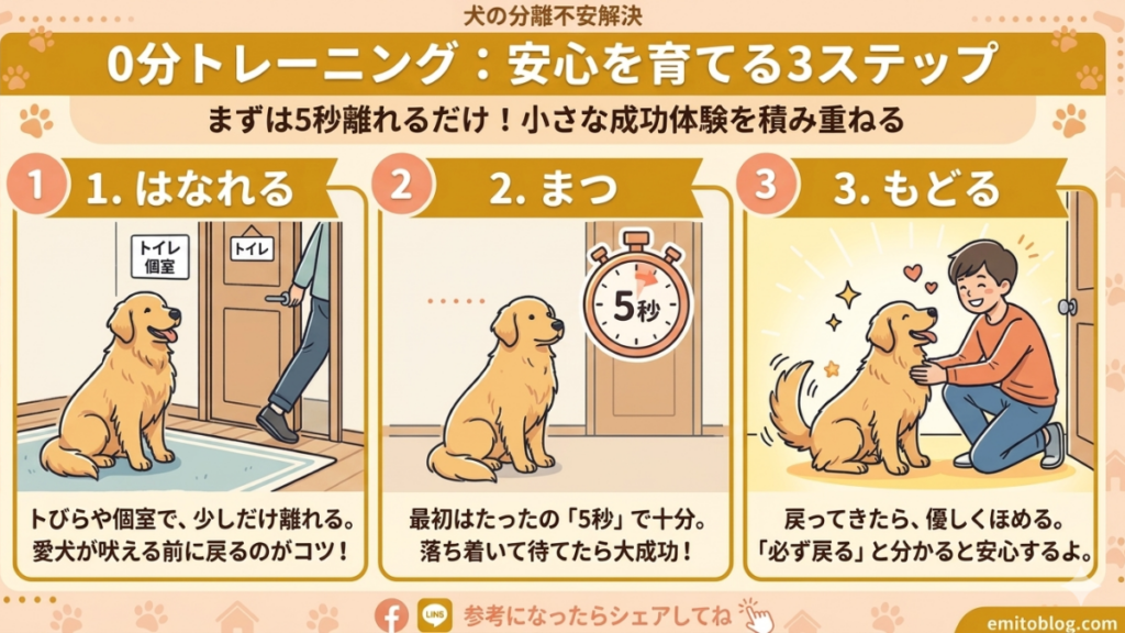 トイレに行くだけで愛犬が鳴き続け、困っていませんか？この記事では「5秒離れるだけ」で安心を育てる「0分トレーニング」を3ステップで解説します。分離不安を抱える愛犬が「必ず戻ってくる」と確信できる環境づくりを、私の実体験を交えて優しくお伝えします。