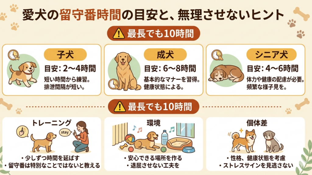 愛犬に長時間のお留守番をさせて、申し訳ない気持ちになっていませんか？実は、子犬・成犬・シニア犬で「限界時間」は大きく異なります。画像でわかる年齢別の目安と、無理をさせないための環境作りのコツを解説。愛犬のストレスサインを見逃さず、安心して待ってもらえる工夫を始めましょう。
