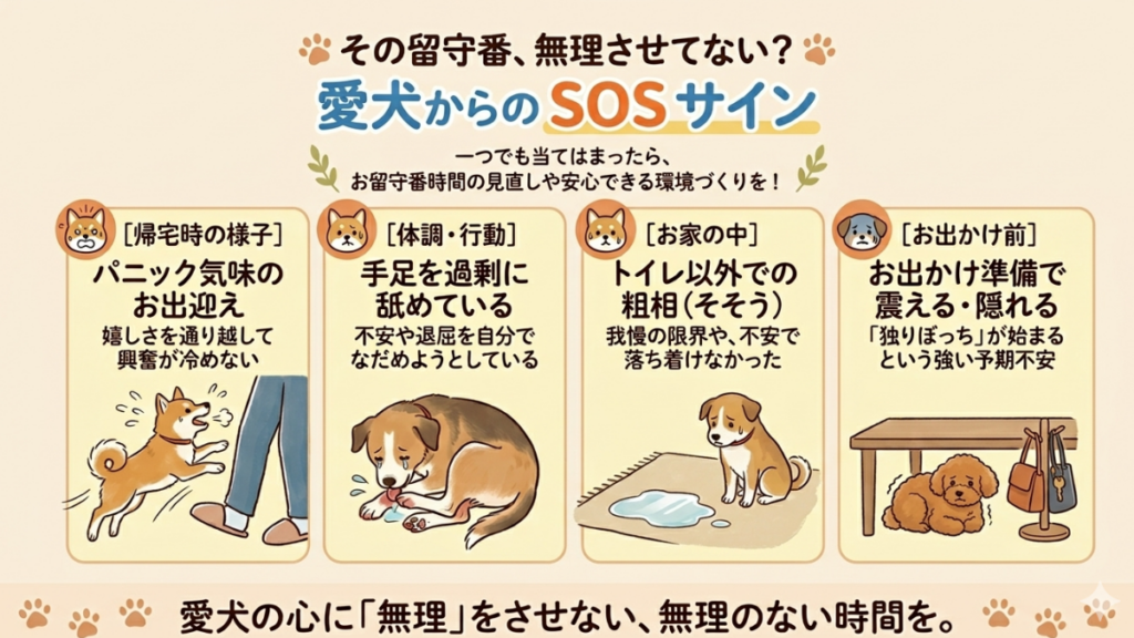 愛犬の帰宅時のお迎えが激しすぎたり、手足を過剰に舐めたりしていませんか？それは言葉にできない「SOSサイン」かもしれません。長時間の留守番で愛犬が限界を感じている時の行動と、無理をさせないための見極め方をまとめました。愛犬の心に寄り添う一歩をここから。