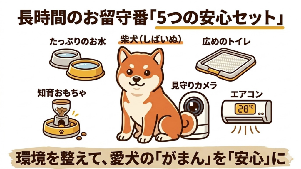 仕事で家を空ける間、愛犬に寂しい思いをさせていないか心配になりませんか？長時間の留守番を「がまん」の時間にしないために、我が家でも実践している「5つの安心セット」をご紹介します。水や空調、知育玩具など、愛犬が快適に過ごすための必須項目をチェックしましょう。
