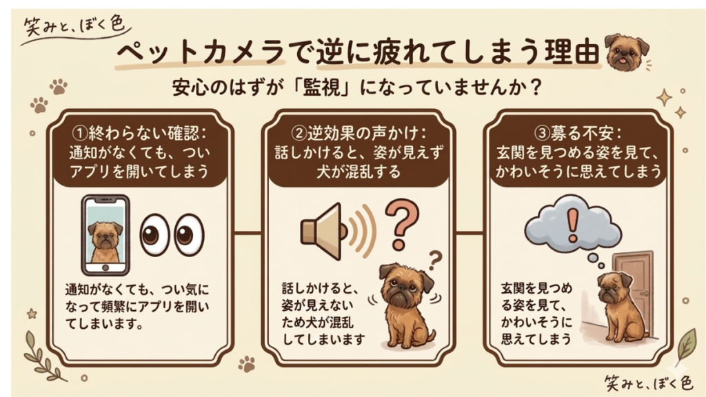 安心のためのペットカメラが、何度もアプリを開く「監視」になっていませんか？声かけで愛犬を混乱させたり、玄関を見つめる姿に胸を痛めたり……。我が家が実体験したカメラの罠と、依存から抜け出して本当の安心を手に入れる方法を解説します。
