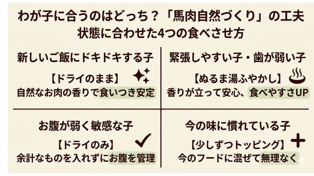 繁殖引退犬に「馬肉自然づくり」をどう与えるべきか悩んでいませんか？この記事では、新しいご飯にドキドキする子や緊張しやすい子など、状態に合わせた4つの食べさせ方を解説。我が家の愛犬の体験をもとに、無理なく食いつきを安定させる工夫がわかります。