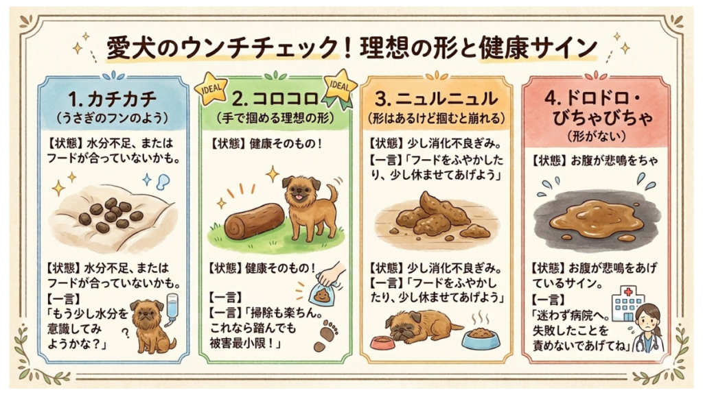 愛犬のウンチの状態に一喜一憂していませんか?「ドロドロ」や「カチカチ」には、愛犬の体からのSOSが隠れているかもしれません。わが家でも日々のチェックを欠かさず、食事内容を微調整しています。理想の形から病院へ行くべきサインまで、健康状態を見極めるポイントを図解で分かりやすく解説します。