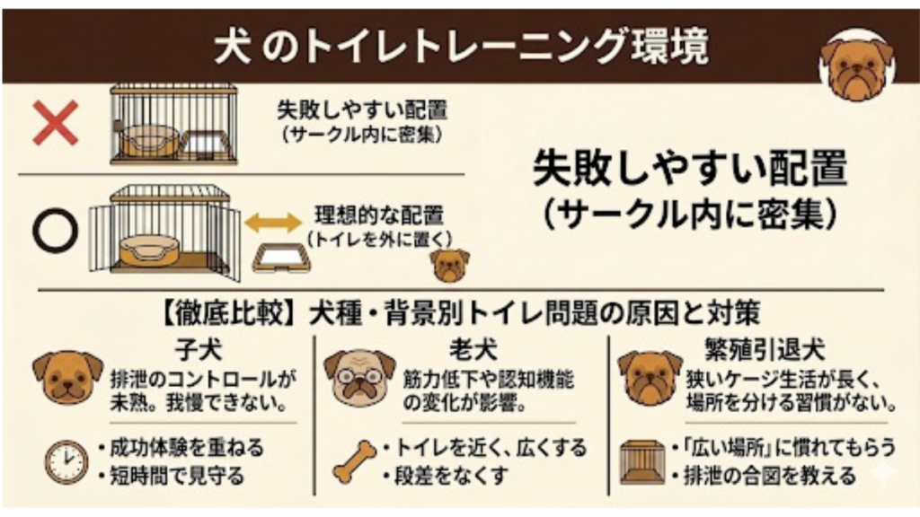 トイレの失敗、実は「サークル内の配置」が原因かもしれません。寝床とトイレが近すぎる環境は、愛犬にとってストレスになることも。わが家でも配置を見直しただけで、留守番中の粗相が劇的に減りました。失敗しやすいNG例と、理想的な配置の作り方を、実体験をもとに図解でわかりやすく解説します。