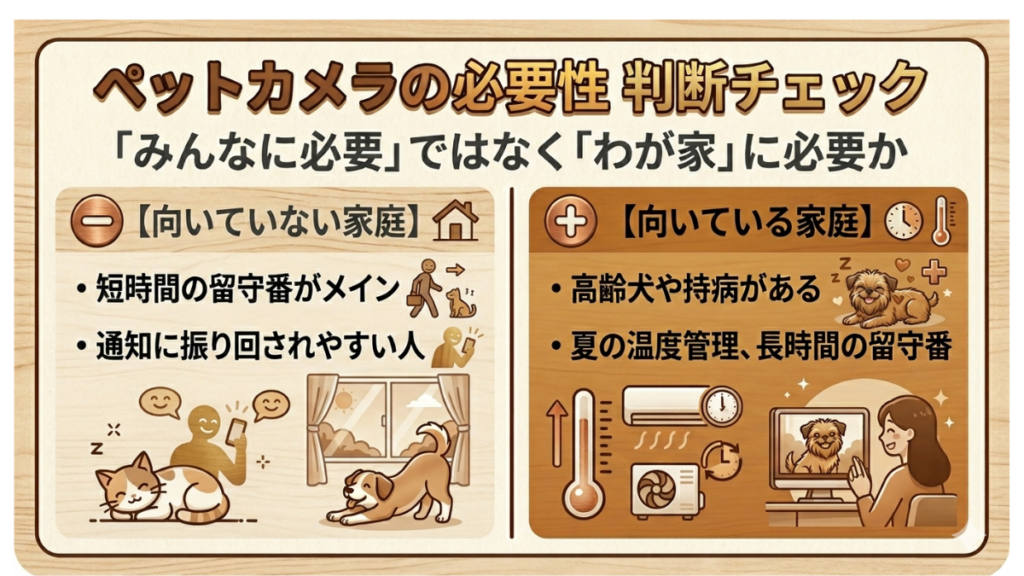ペットカメラって本当に必要？と悩んでいませんか。「みんなが使っているから」ではなく、留守番の時間や愛犬の年齢、飼い主の性格によって向き不向きがあります。わが家に必要かを見極める判断チェックリストを使い、最適な選択をする方法がわかります。