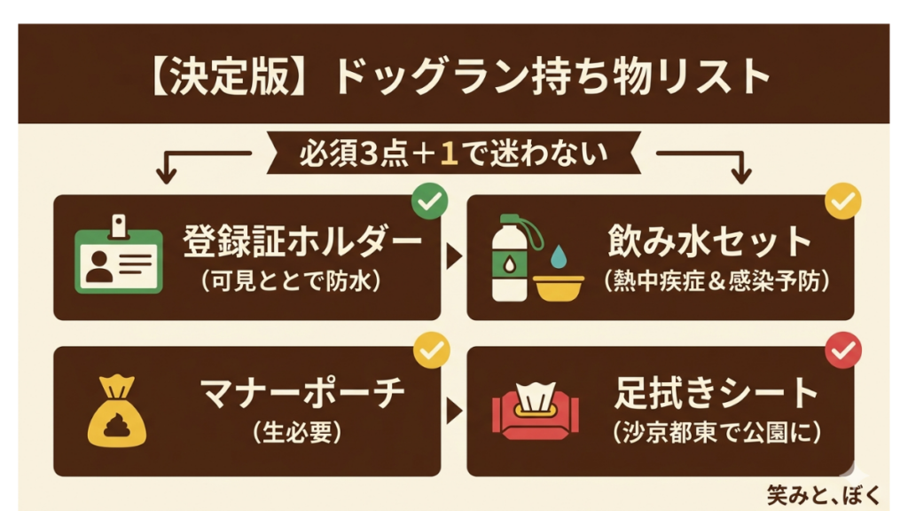 ドッグランデビューを前に「何を持っていけばいいの？」と迷っていませんか？ 登録証ホルダーやマナーポーチなど、最低限揃えるべき必須3点＋1のアイテムを分かりやすくまとめました。 愛犬と安心して楽しむための準備を、この記事で完璧に整えましょう。