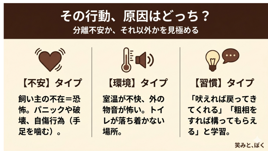 留守番中の愛犬の吠えや粗相、もしかして分離不安？と悩んでいませんか？実はその行動、原因は大きく3タイプに分かれます。パニックなのか、環境の問題か、あるいは学習による習慣なのか。愛犬の本当の気持ちを見極め、正しく対処するためのヒントをお届けします。
