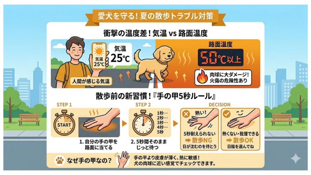 気温25℃でも路面は50℃超え!?愛犬の肉球を襲う「火傷の危険」に驚いた飼い主さんも多いはず。この記事では、散歩前の新習慣『手の甲5秒ルール』を分かりやすく解説します。愛犬を熱中症や怪我から守るために、今すぐ取り入れたいチェック法を伝授します。
