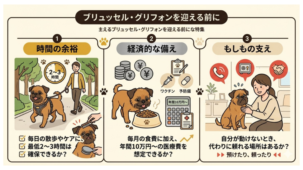愛犬を迎える喜びの反面、「自分にしっかり育てられるかな？」と不安を感じていませんか。散歩やケアに充てる時間の確保、年間10万円〜の医療費など、迎える前に確認すべき3つの現実的なポイントをまとめました。愛犬と幸せな一生を歩むための、心の準備と環境づくりがわかります。
