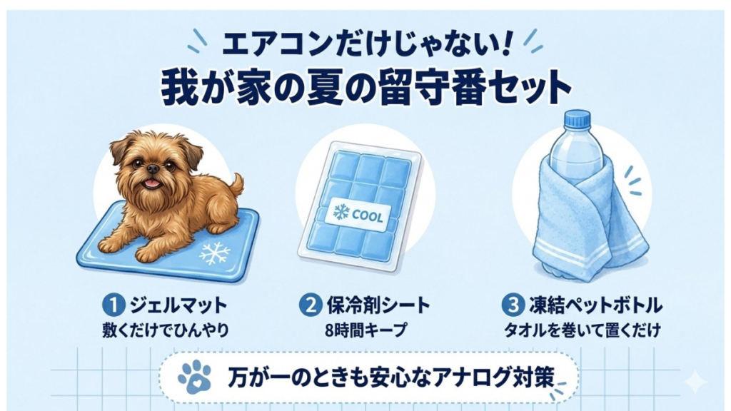 夏の留守番中、「もし停電でエアコンが止まったら…」と不安になりませんか？万が一の事態から愛犬の命を守るには、電気に頼らない備えが不可欠です。我が家でも導入している、ジェルマットや凍結ペットボトルなど、今すぐできる安心のアナログ留守番セットを紹介します。
