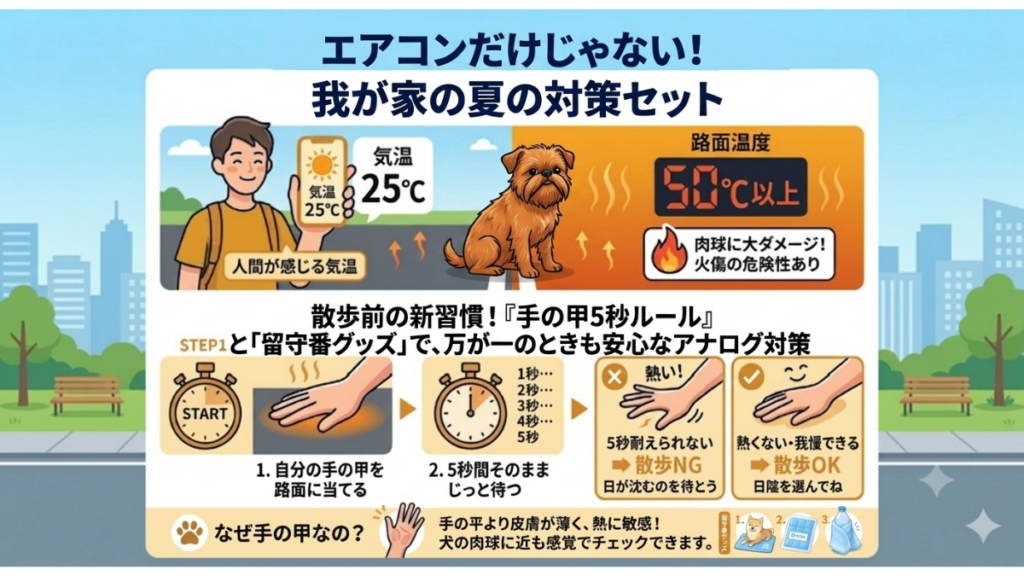 「気温25℃だから安心」と油断して愛犬と散歩に出かけようとしていませんか？実は路面温度が50℃以上のことも！我が家が実践する散歩前の新習慣「手の甲5秒ルール」や、万が一の停電時にも安心なアナログ留守番グッズなど、愛犬を夏の危険から守る対策セットを紹介します。
