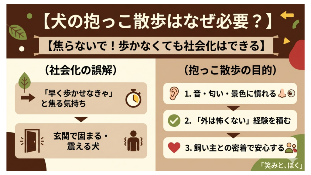 「早く歩かせなきゃ」と焦り、玄関で固まる愛犬を見て悩んでいませんか?実は歩かなくても社会化はできます。我が家の愛犬の経験をもとに、音や景色に慣れて「外は怖くない」と思ってもらう抱っこ散歩の目的と、無理なく進める安全なステップを解説します。
