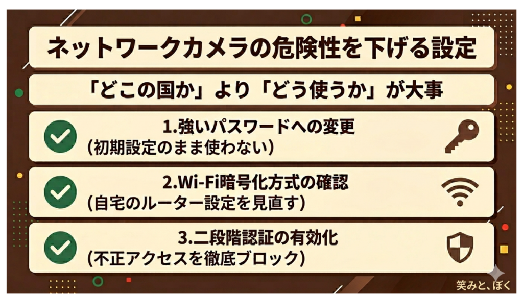 ペットカメラのセキュリティ、初期設定のままで焦っていませんか？製造国を気にするよりも「どう使うか」が重要です。我が家が実践するパスワード変更や二段階認証など、不正アクセスを徹底ブロックして愛犬と我が家を守る3つの必須設定を解説します。