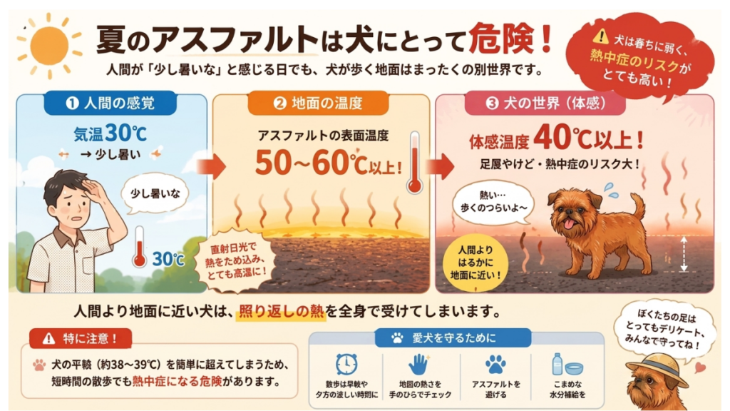 気温30℃の日に「少し暑いけど散歩に行こう」と出かけていませんか？実は地面に近い愛犬の体感温度は40℃以上の別世界！我が家でも徹底している、危険な照り返しの熱から大切な愛犬を守るための正しい散歩のコツや、熱中症・足裏火傷の防ぎ方を詳しく解説します。
