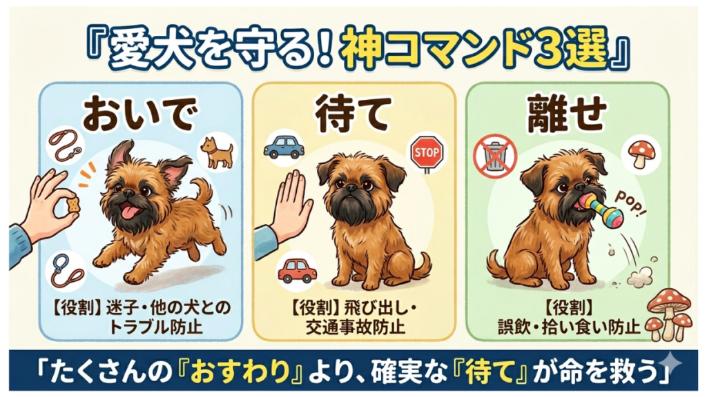 「犬のコマンドって全部覚えさせるべき?」と悩んでいませんか?実はたくさんのおすわりより、確実な「待て」が命を救います。本記事では、迷子や飛び出し、誤飲から愛犬を守る「神コマンド3選(おいで・待て・離せ)」と、我が家流の教え方を詳しく解説します!
