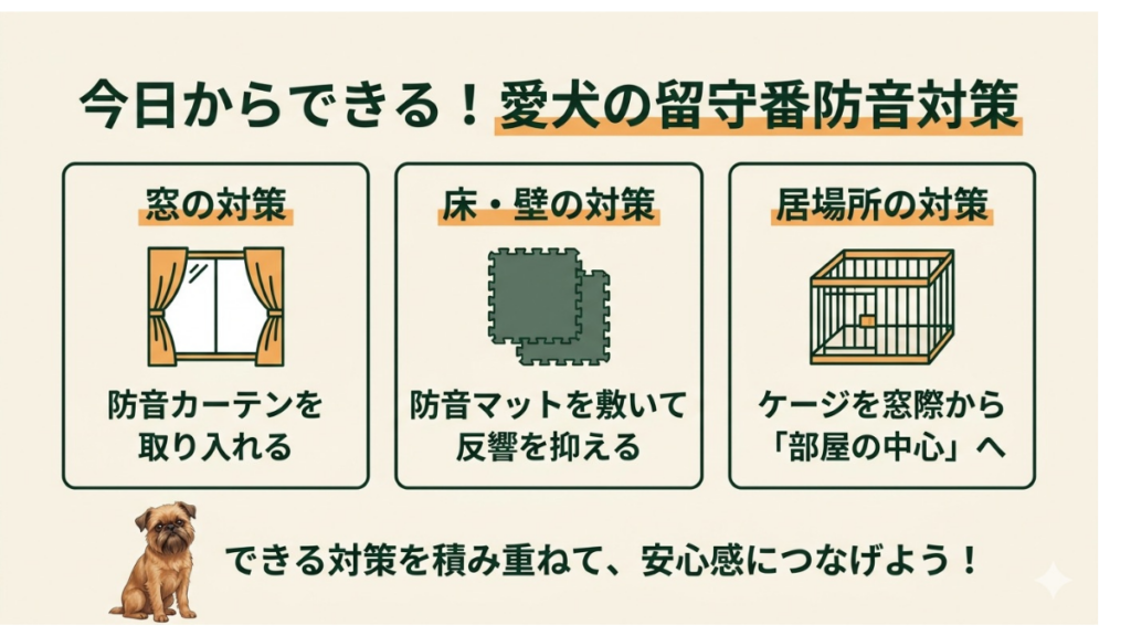 留守番中に愛犬が吠えてしまい、近所迷惑になっていないかハラハラしていませんか?本記事では、防音カーテンやマットの活用、ケージの配置見直しなど、今日から実践できる3つの防音対策を徹底解説。できる対策を積み重ねて、安心なお留守番環境を整えましょう。