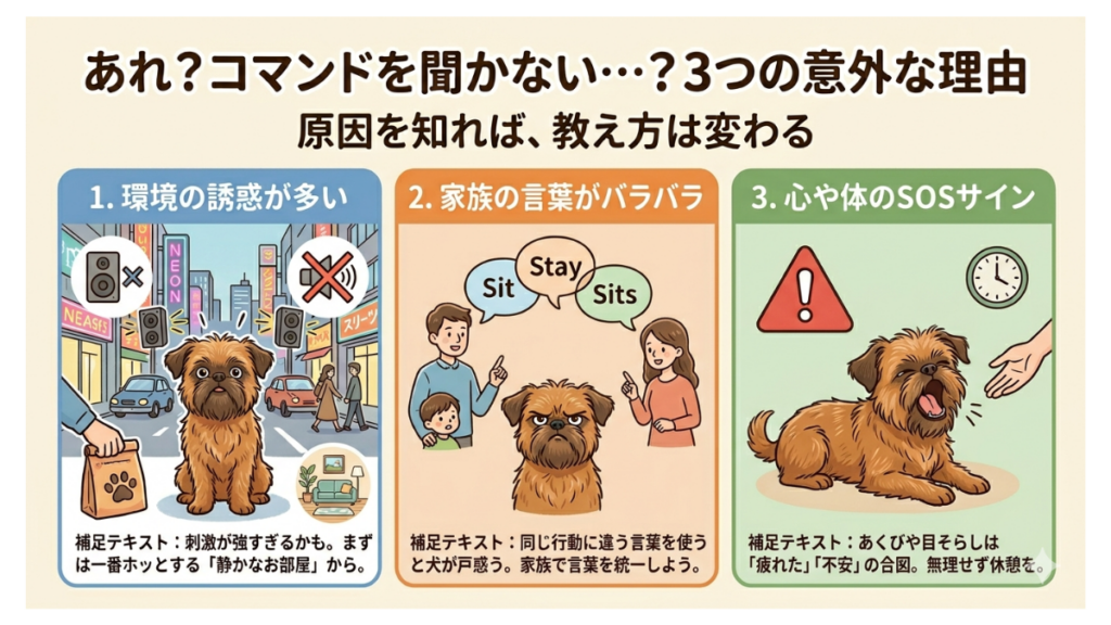 「愛犬がコマンドを聞いてくれない…」と悩んでいませんか?実は、環境の誘惑や家族の言葉のバラバラ感、心や体のSOSなど意外な原因があります。本記事では、愛犬が指示を聞けない理由と、我が家で行った教え方を見直すための具体的な対処法を解説します!