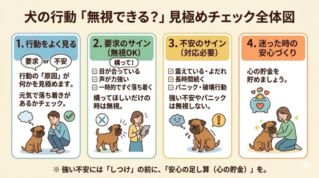 愛犬の行動、すべて無視していませんか？実は「構って！」という要求と「怖い…」という不安では、対応が180度違います。この記事では、愛犬の目や体の動きから行動の理由を見極める4つのステップを解説。無視が逆効果になる危険なサインと、正しい安心の与え方がわかります。