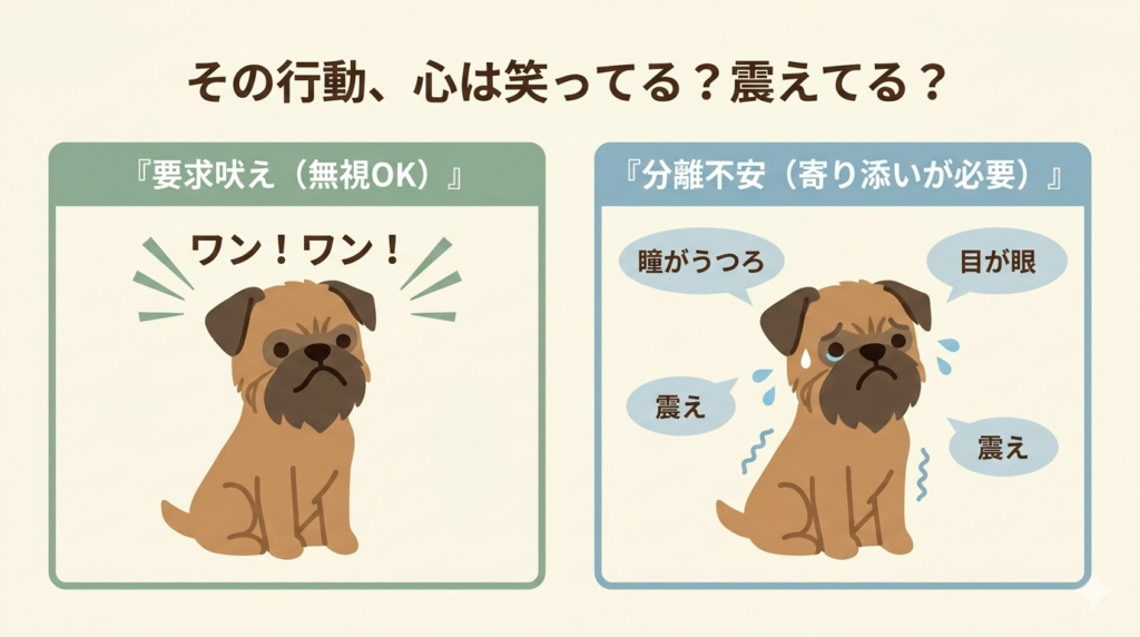 愛犬のその行動、心は笑っていますか？震えていますか？「無視」というしつけは、信頼関係が満タンな時にしか通用しない高度な技です。この記事では、要求と不安を見極めるサインを徹底解説。愛犬のSOSを見逃さず、安心を積み重ねる「心の貯金」の作り方がわかります。
