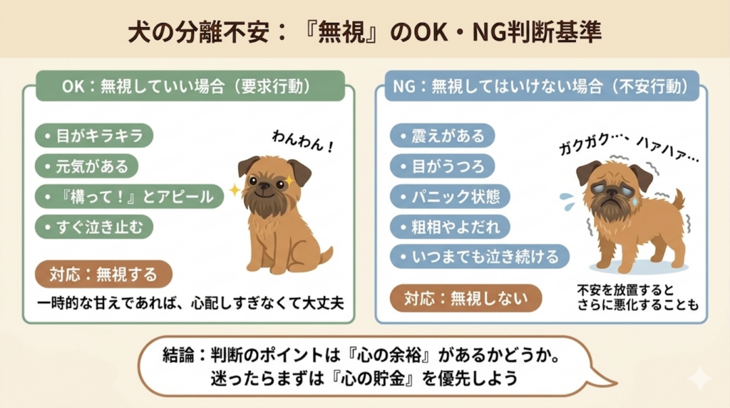 愛犬の分離不安、治そうとして必死に「無視」していませんか？実はその対応、愛犬の「不安SOS」を見逃しているかもしれません。この記事では、愛犬の震えや目のキラキラなど具体的な行動から、無視のOK・NGを判断する基準を解説。愛犬との絆を深める「心の貯金」の作り方も紹介します。