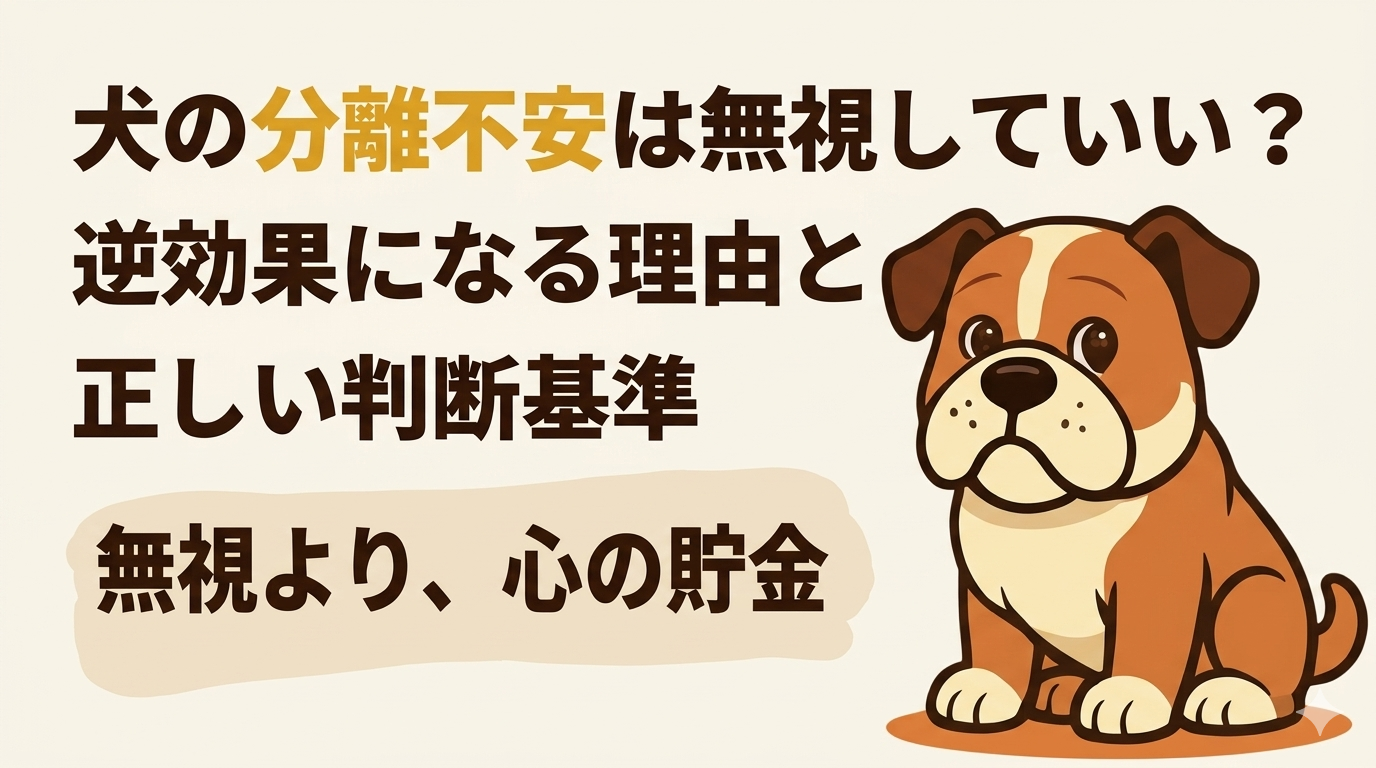 愛犬の分離不安、治そうとして必死に「無視」していませんか？実はその対応、逆効果になっているかもしれません。私もかつては無視が良いと信じていましたが、愛犬には逆効果でした。この記事では、無視がダメな理由と、愛犬と飼い主の「心の貯金」を増やす正しい判断基準と育て方をお伝えします。