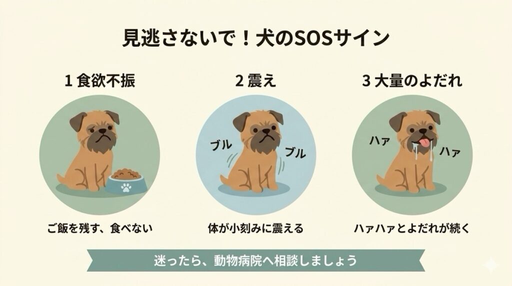 愛犬の食欲がなかったり、小刻みに震えていたりして「何かおかしい」と不安になっていませんか？見逃してはいけない体調不良のサインと、受診すべき判断基準をわかりやすく解説。愛犬のSOSにいち早く気づき、大切な命を守るための対処法をまとめました。