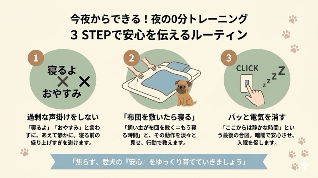 夜、愛犬がなかなか寝付かなかったり、落ち着きがなかったりして困っていませんか？特別な訓練は不要です。今夜からすぐ実践できる「3STEPの入眠ルーティン」で、愛犬に安心を伝えましょう。焦らずゆっくり、愛犬が自然に眠りにつける環境の整え方を解説します。