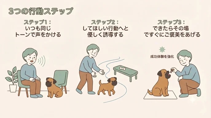 愛犬に話しかけてもスルーされて驚いていませんか？実は、言葉が届くようになるには「正しい手順」があります。声をかけてから愛犬が反応し、スキンシップで絆を深めるまでの3ステップを徹底解説。愛犬の態度がガラリと変わる実践的な方法がわかります。