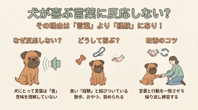 愛犬が喜ぶ言葉を言ってもスルーされて驚いていませんか？実は、犬にとって人間の言葉はただの「音」であり、意味を理解していません。言葉に反応しない本当の理由と、言葉と行動を一致させて大好きな言葉に変えていくための改善のコツがわかります。