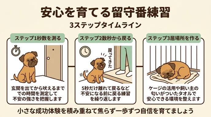 玄関を出るとすぐ吠える愛犬に「分離不安の重症かも」と悩んでいませんか。実は外出後に鳴く秒数が目安になります。元繁殖引退犬の愛犬が30秒で吠えた経験をもとに、秒数測定、数秒から戻る練習、専用の居場所作りの3ステップで安心を育てる正しい方法を解説します。

